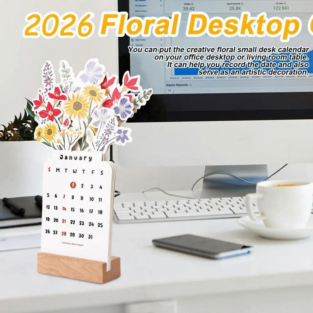 

2026 Bloomy Flowers Desk Calendar Bloomy Flower Vase Design with Wooden Base Monthly Calendar for Home Office School Desk Decor