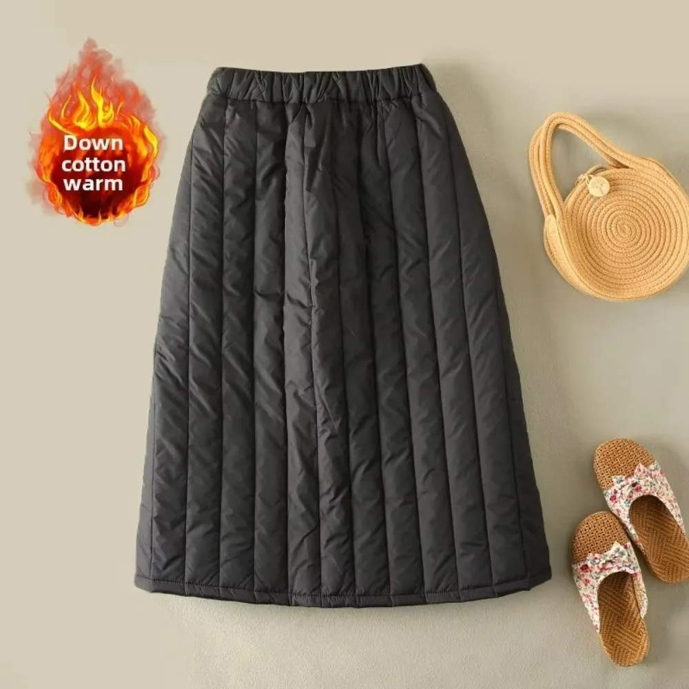 Retro High Waist Midi Length Skirt Thickened Winter a-Line Outerwear Skirt Pocket Detail Warm Cotton Long Skirt Outerwear Daily