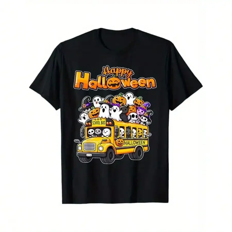 ครูฮาโลวีน School Bus Driver น่ารัก Ghost Witch Party เสื้อยืด, ผ้าฝ้าย 100%, ของขวัญสําหรับผู้ชายผู้หญิงพ่อแม่เพื่อน,