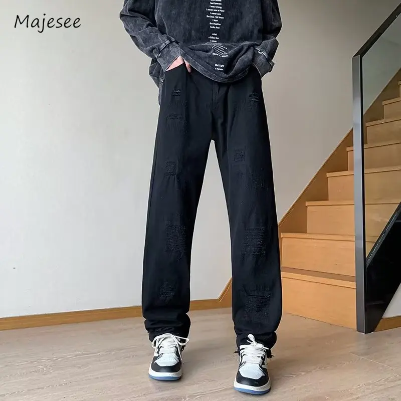 

Jeans Men All-match Washed Hole Streetwear Full Length American Style Harajuku Handsome Vintage Denim Chic Summer Simple College