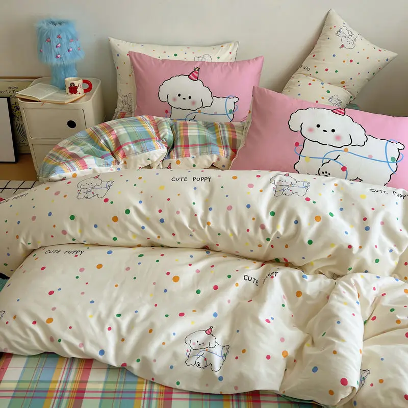 

100% Cotton Bedding Set Colorful Dog Cartoon Four Pieces Full Cotton Student Home Decoration Dormitory Quilt Set Bedsheet Sheet