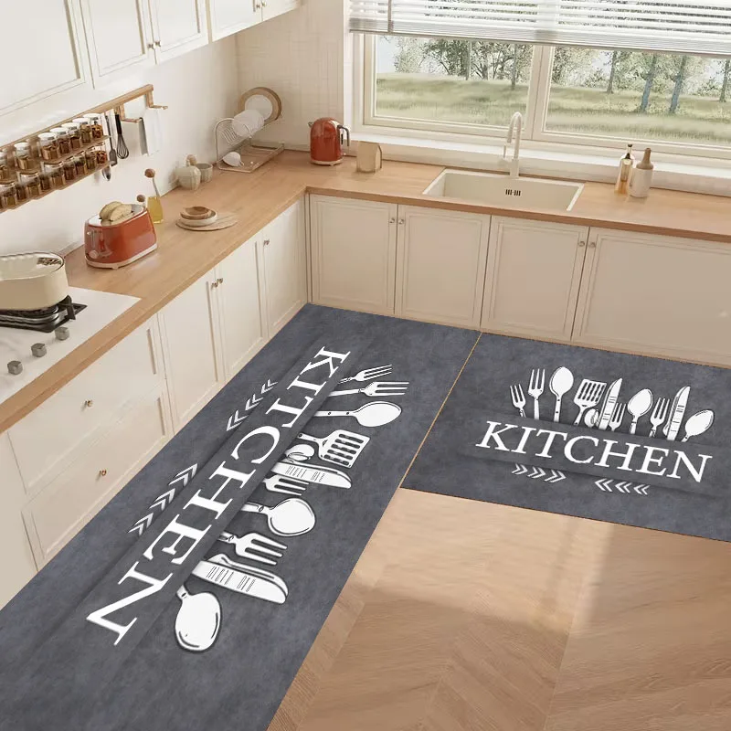 Nordic Easy Tableware Printed Gray Kitchen Mat, Non-Slip Water-Absorbing Easy to Clean And, Home Kitchen Doorway Long Strip Foot Mat, And Moisture-Proof Tech Fabric Material, Practical Kitchen Decor Double-Use Mat