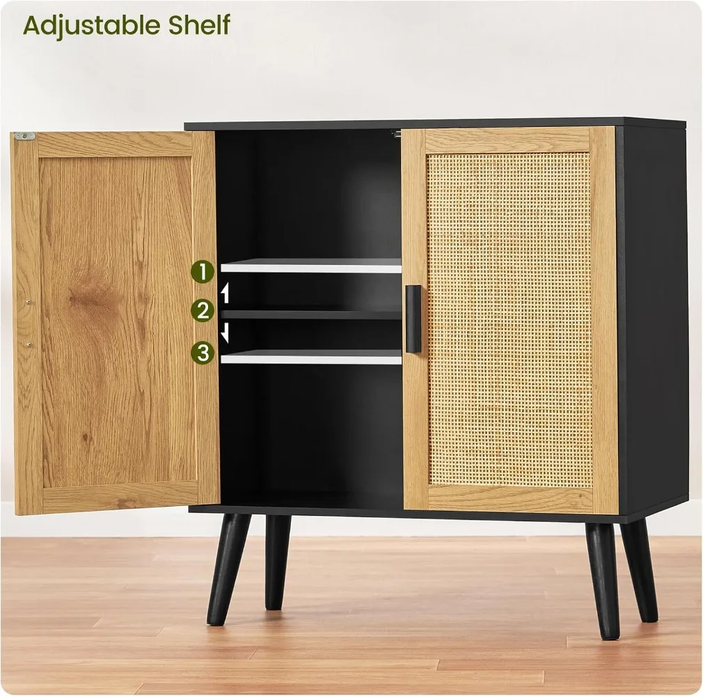 Iwell Storage Cabinet, Rattan Cabinet with Adjustable Shelf & Doors, Buffet Cabinet with Storage, Accent Cabinet for Living Room