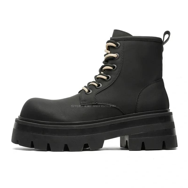 Schwarze Herrenstiefel im Paar-Stil, kurze Schnürstiefel aus Leder für Herbst und Winter, dicke Sohle und intern erhöhte Stiefeletten