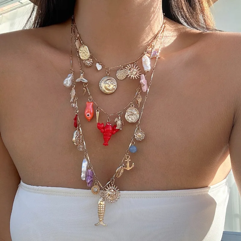 New Ocean Style Starfish Shell Layered Necklace for Women's Beach Vacation Ins Lobster Hang Tag Pearl Necklace for Women