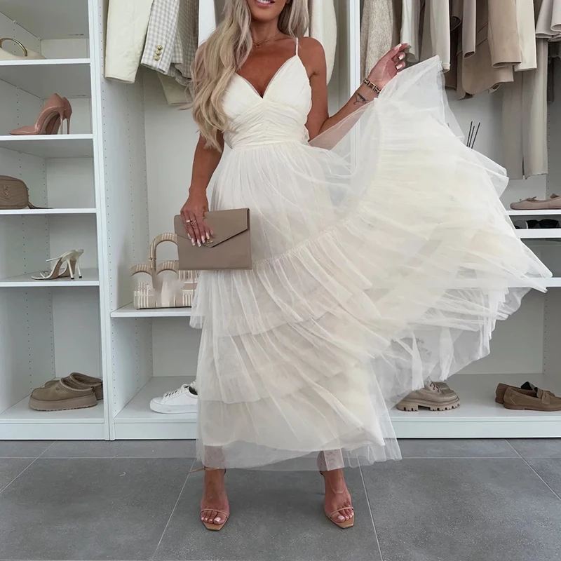 2025 칵테일 V 칼라 솔리드 파티 드레스 섹시한 스윙 높은 허리 파티 드레스 여성 우아한 메쉬 연회 프릴 갈라 드레스