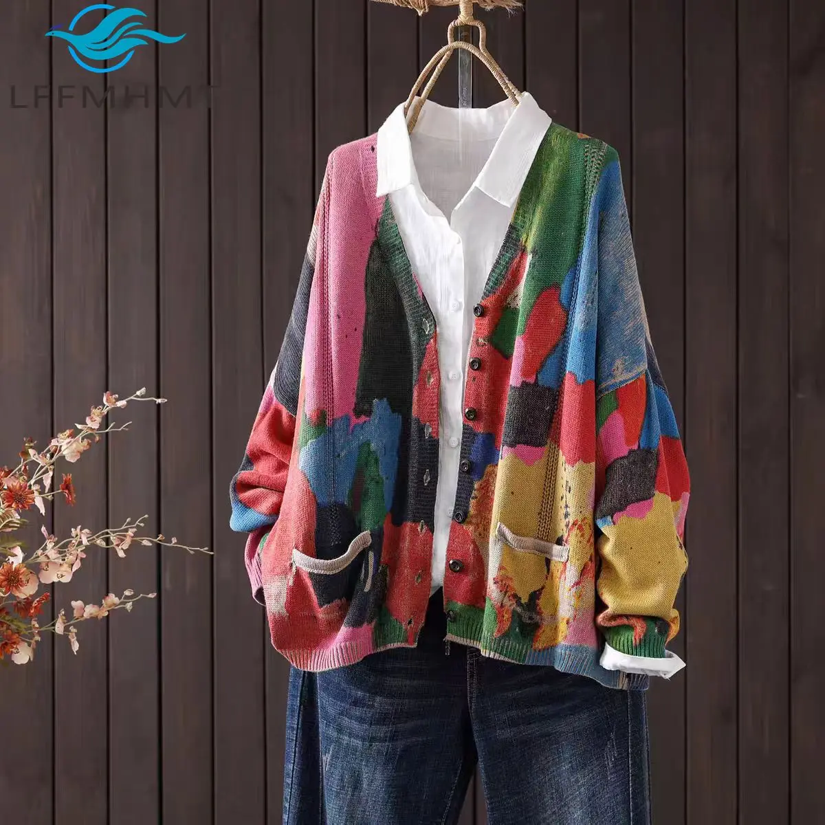Women Vintage Print Cotton Yarn Knit Cardigan Single Breast V-Neck Loose Layering Warm Fall Winter Knitwear