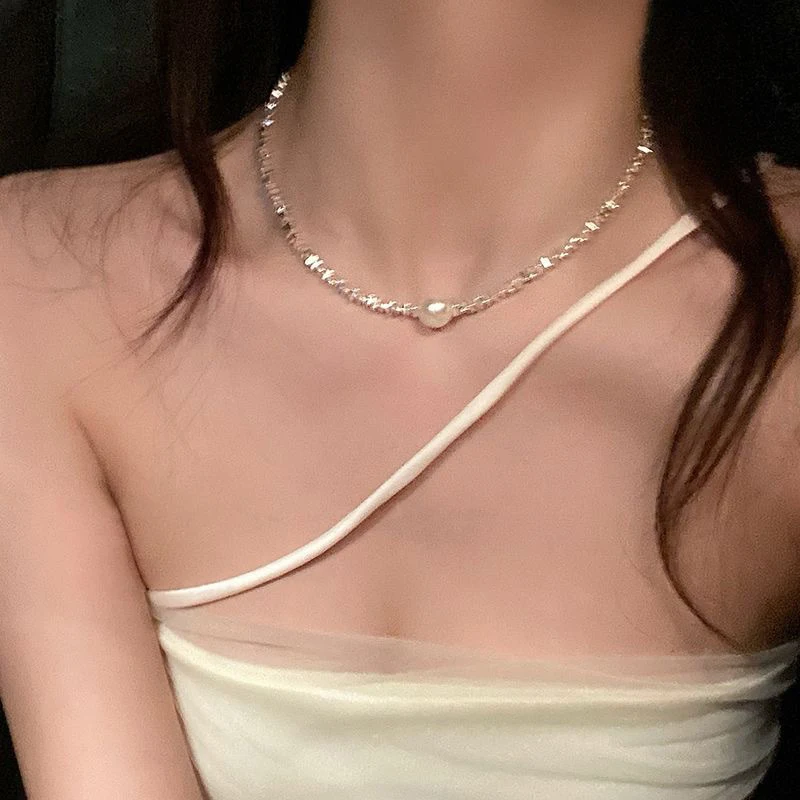 Broken Silver Pearl Pendant Necklace Opal Chain Shiny Women Temperament Jewelry Choker Necklace Wedding Jewelry Birthday Gifts