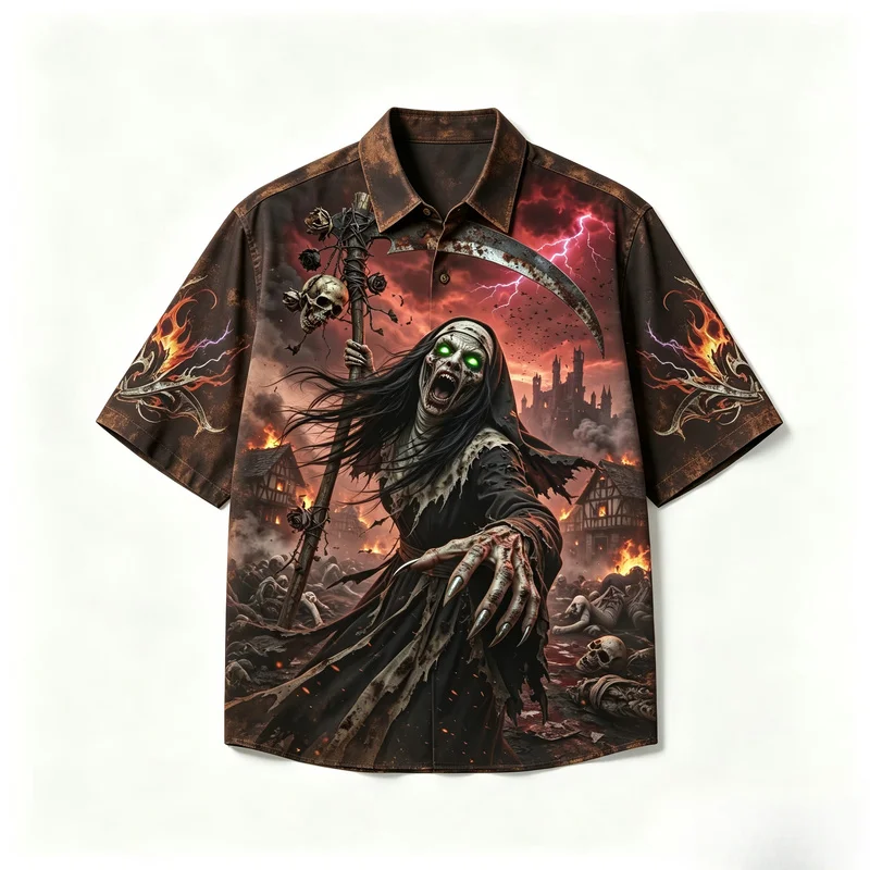 3D Mummy Grim Reaper Skull Graphic Men Short Sleeve Shirt Polyester Lapel Button Down Tops Gothic Horror Halloween Streetwear