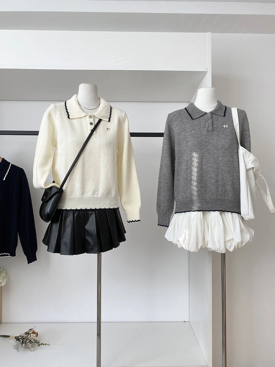 

Elegant Korean Style Knitted Shirt Collar Loose Casual Women's Top Fashion Autumn Winter New Arrival Simple Stylish Fit