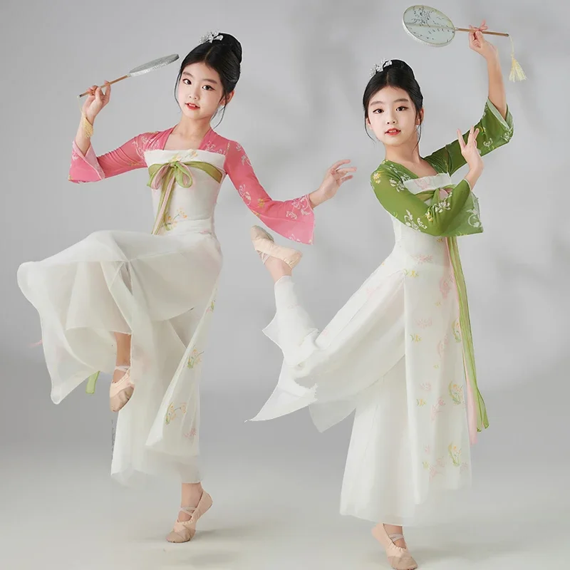 Chinese Children Folk Dance Costume Vintage Mesh Tops+pants Skirt Set Chiffon Stage Dance Wear Retro Performance Princess Hanfu