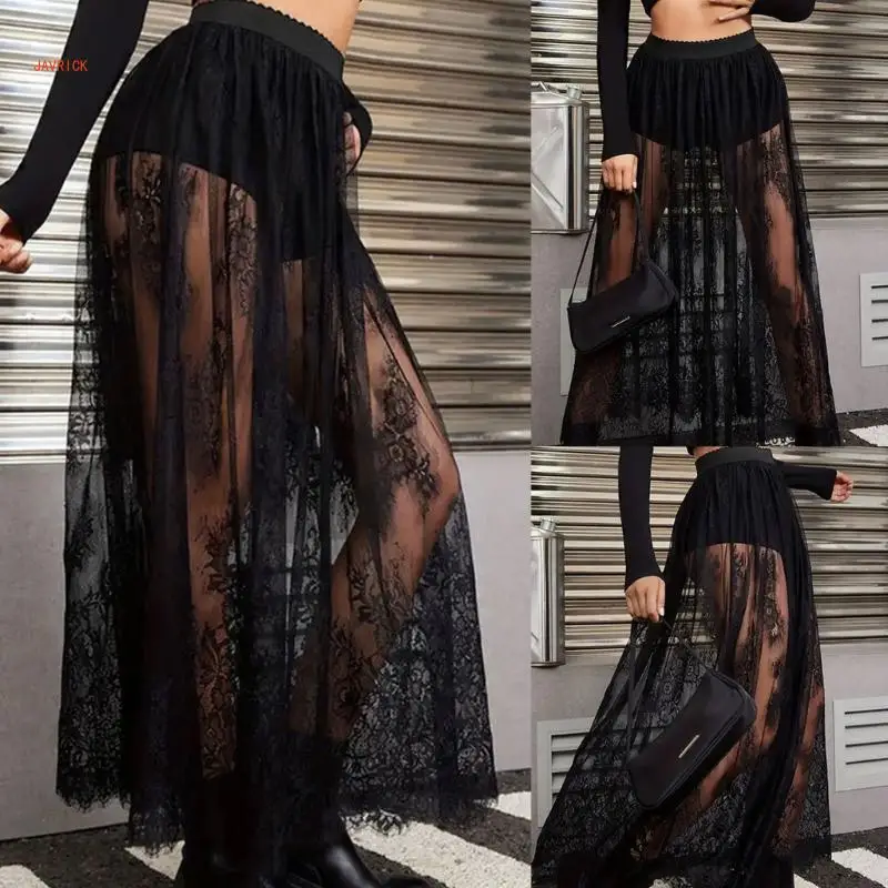 Women 2 in1 Flowys Meshes Lace Maxi Skirts A Line Long Skirt with Shorts Bottom Festival Raves Clothes Halloween Costume