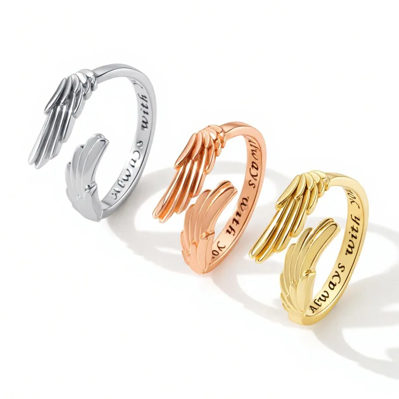 Cross-border best-selling European and American style open ring with feather wings, adjustable couple's rings, factory direct sa
