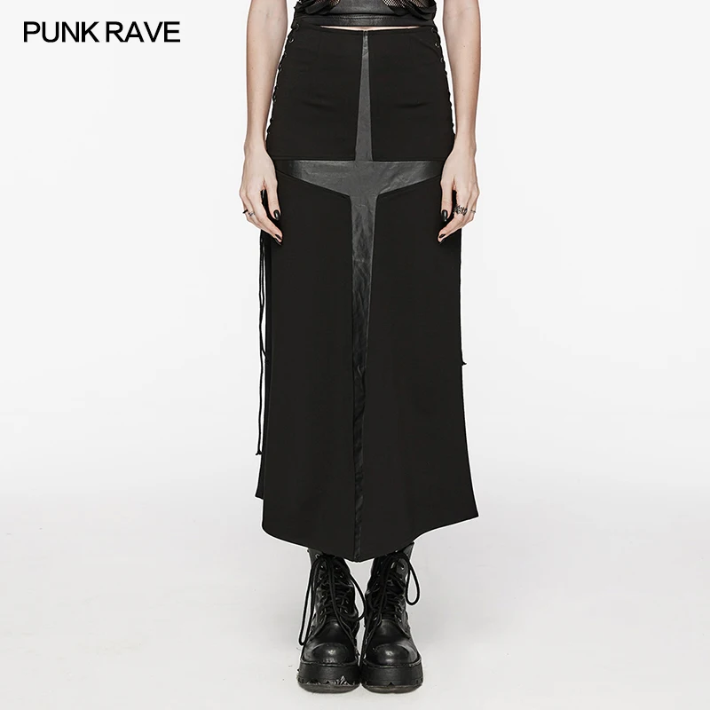 

PUNK RAVE Women's Punk Stretch Knit & Rubberised Fabric Cross Splicing Skirt Party Club Long Skirts for Women Clothes