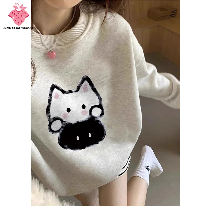 

Cute Cartoon kitten Print Plush Sweatshirt Women Autumn Winter 2025 New Oversize O-Neck Pullover Hoodie Y2K Tops kawaii clothing