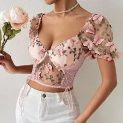 Boutique Style Lace Corset Top Sexy Going Out Tops for Women Bandeau Butterfly Flower Embroidery Lace Tirm Semi