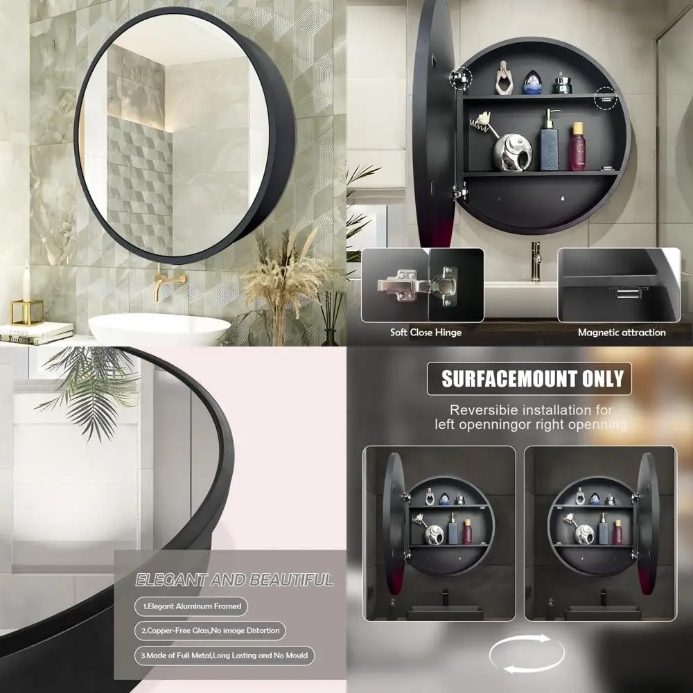 

Black 26-Inch Round Aluminum Framed Medicine Cabinet with Soft Close Hinge and Mirror