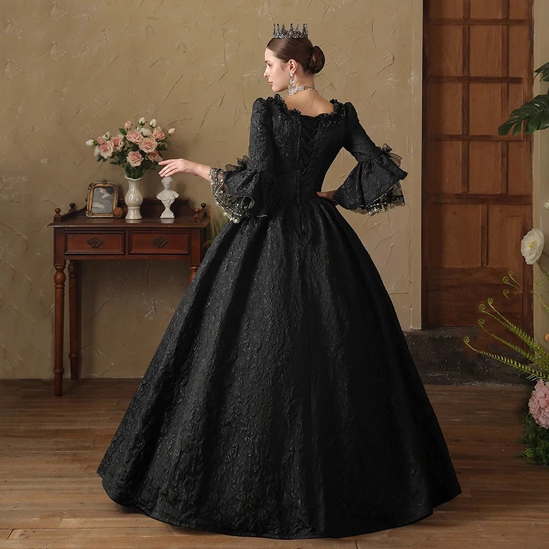 AnXin SH vintage princess flower black satin sweetheart bow flare sleeve ball gown lace up Dark Queen customized Prom Dresses