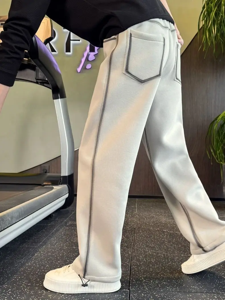 Large Size Minimalist Contrast Stitch Sweatpants Straight Leg Casual Trousers with Pocket Design Streetwear Fashion Pants