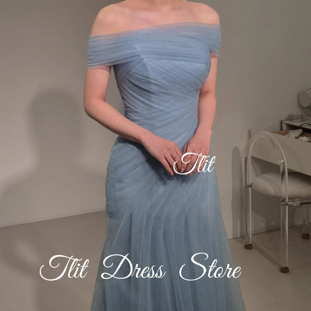 فساتين سهرة أنيقة من TLIT باللون الأزرق المغبر من التل على شكل حرف a فستان زفاف كوري لالتقاط الصور قبالة الكتف فساتين حفلات مخصصة #3