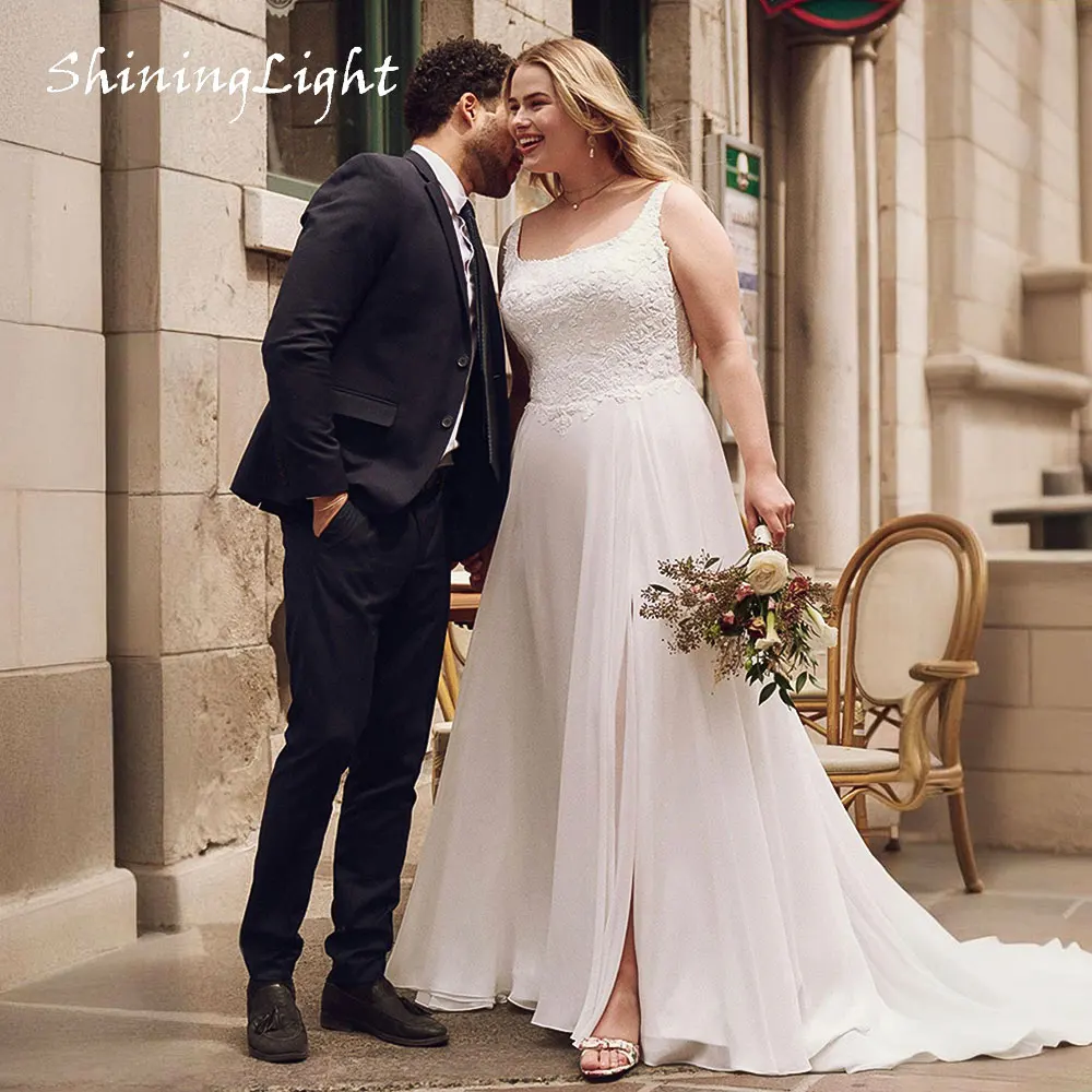 

ShiningLight Boho A Line Chiffon Wedding Dress with Side Slit Square Neck Plus Size Women Lace Bridal Gown Beaded Top Customized