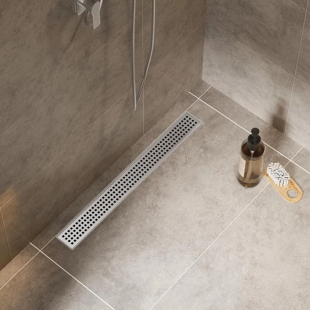 استنزاف دش خطي من الفولاذ المقاوم للصدأ مقاس 24 بوصة مع شبكة قابلة للإزالة ولمسة نهائية من النيكل المصقول، تتضمن الملحقات المعتمدة من CUPC