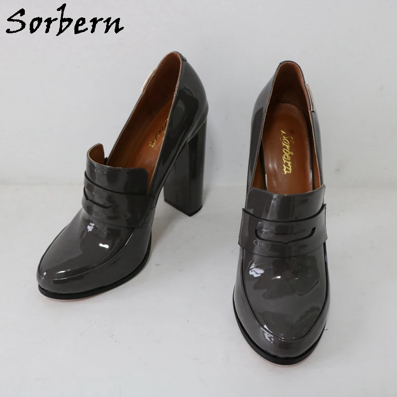 Sorber Grey Shiny Women Pump Shoes Unisex Block tacco alto EU48 punta tonda Slip On Chunky Heeled Fetish colori personalizzati