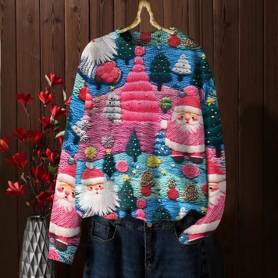 Santa Claus Print Top Damski sweter z dzianiny Wesołych Świąt Odzież damska Prezenty festiwalowe Jesień Zima Lady Ciepłe swetry Topy