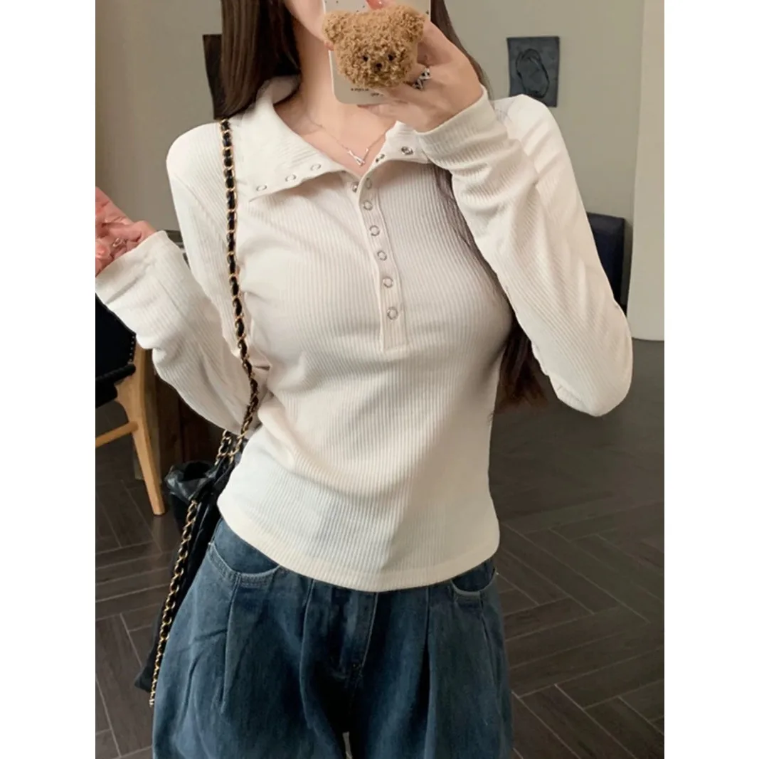 Soft Knit Women Y2K Sweater Grey White Button Front Slim Fit Long Sleeve Pullover Vintage High Street Daily Ladies Knitted Tops