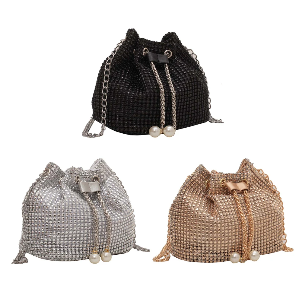 Women Glittering Satchel Bag Solid Color Rhinestone Shinny Sling Purse Drawstring Bling Bucket Bag Female Dating Bag