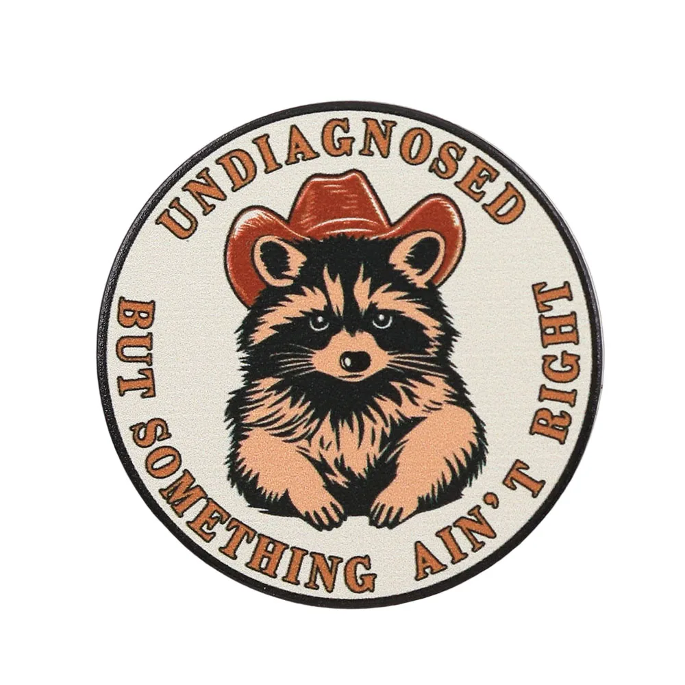 Lustige Waschbär-Emaille-Pin „Nicht diagnostiziert, aber irgendetwas stimmt nicht“ Brosche Niedlicher Cowboy Trash Panda Abzeichen Metall-Anstecknadel Schmuck Geschenk – Detail 1