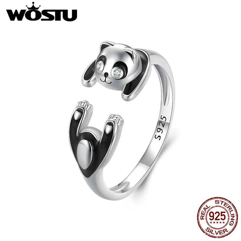 WOSTU 925 Sterling Silver Black&White Panda Open Rings Women Unique Jewelry Cute Chinese Pandas Animal Ring Girl Birthday Gift