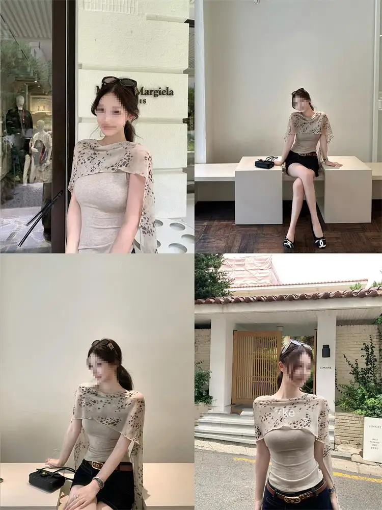 Summer Slim Fit Leopard Print Wrap T-Shirt Women's Short Sleeve High Waist Design False Two-Piece Style Korean Commute Fashion