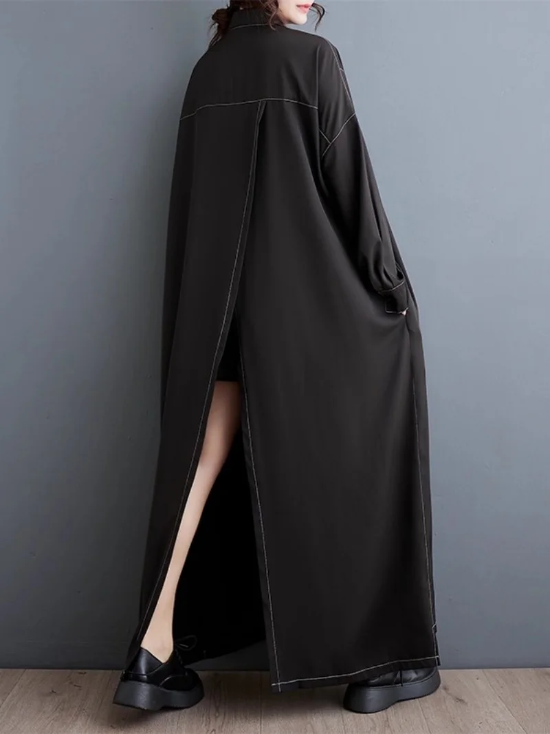 Große Größe Vielseitiges Unregelmäßiges Kleid Für Frauen 2025, Herbst Neue Dunkle Stil Lose Große Größe Spleißen Hemd Kleid w454