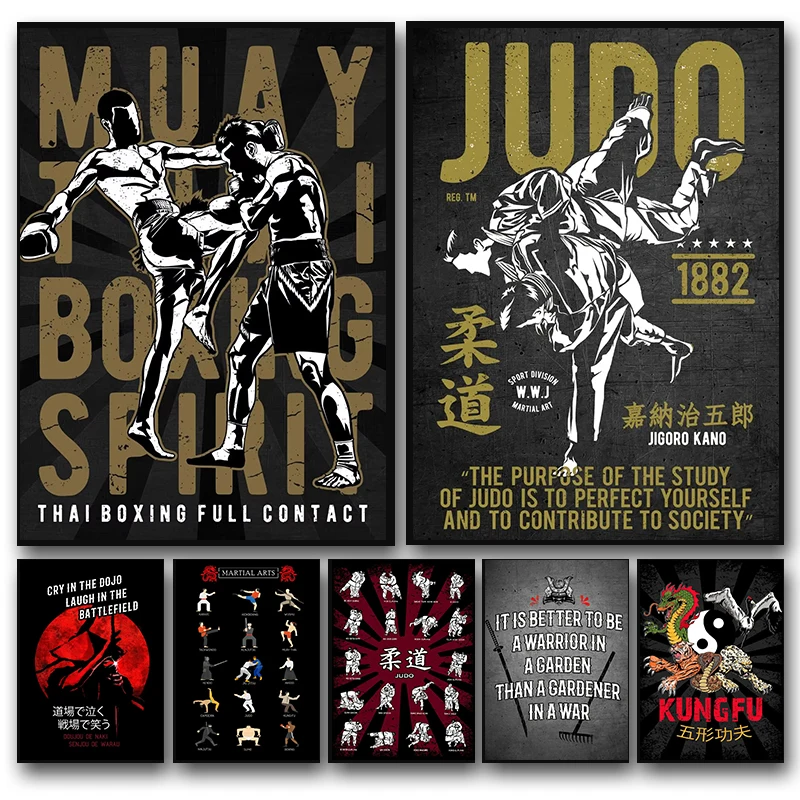 Vintage Martial Art Print Poster Muay Thai Judo Karate Taekwondo Canvas Painting Pub Club Jiu-Jitsu Room Wall Decoration Picture