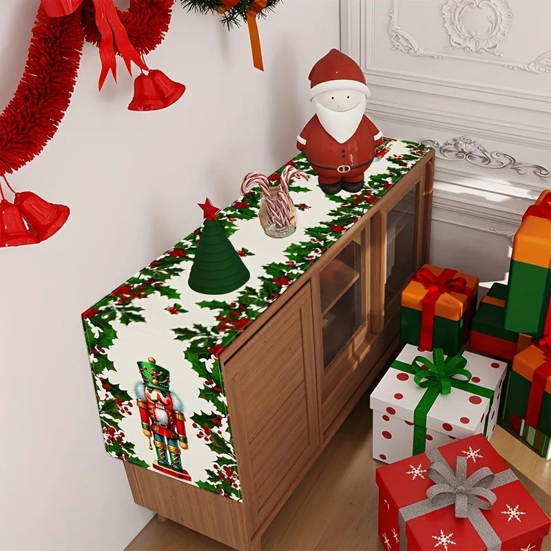 Festive Holly & Nutcracker Table Runner Christmas Party Decorations for Home Restaurant Dining Room Festive Table Decorations