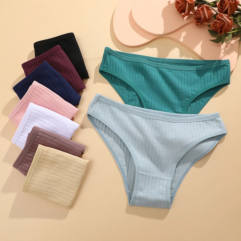 4PCS/Set Cotton Panties For Women Sexy Low Rise Briefs Cotton Ribbed Underwear Female Basic Breathable Underpants Solid Color