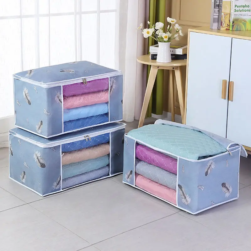 Flower Printing Home Clothes Storage Box,Visual Window Organizer Bag,Non Woven Fabric Quilt Blanket, Finishing Bag,Sundries Case