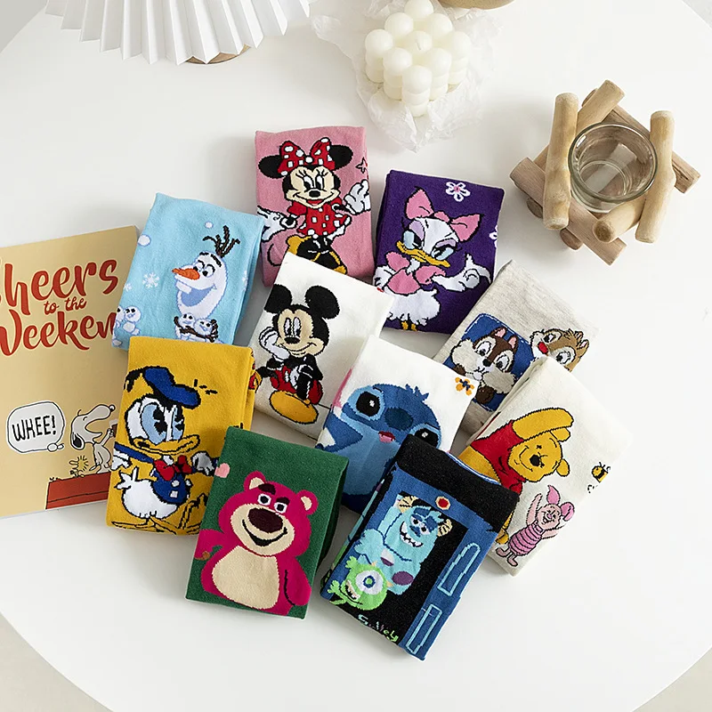 Disney Socks Mid-tube Socks Donald Mickey Autumn And Winter Cartoon Cute Student Socks For Girls Minnie Pooh Stitch Women Socks