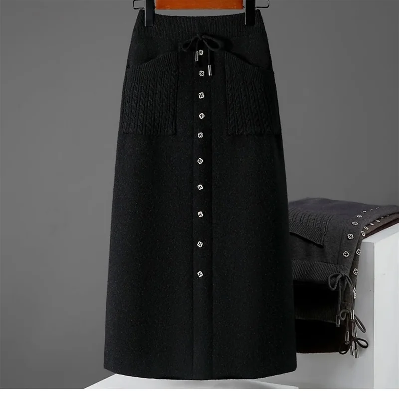 محبوك تنورة المرأة الخريف الشتاء مزاجه الجديد رقيقة ورقيقة مطاطا الصوف تنورة عالية الخصر كلمة تنورة طويلة السيدات #6