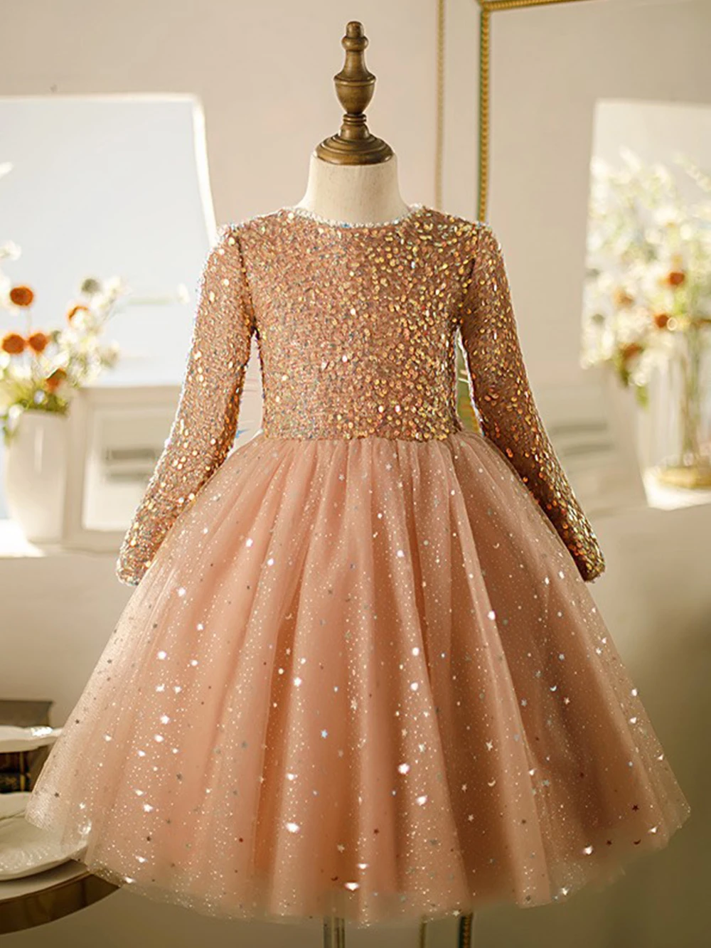 Elegant Dress For Girls Long Sleeve Sequin Top+Yarn Puffy Skirt For Girl Ceremony Dress For Wedding