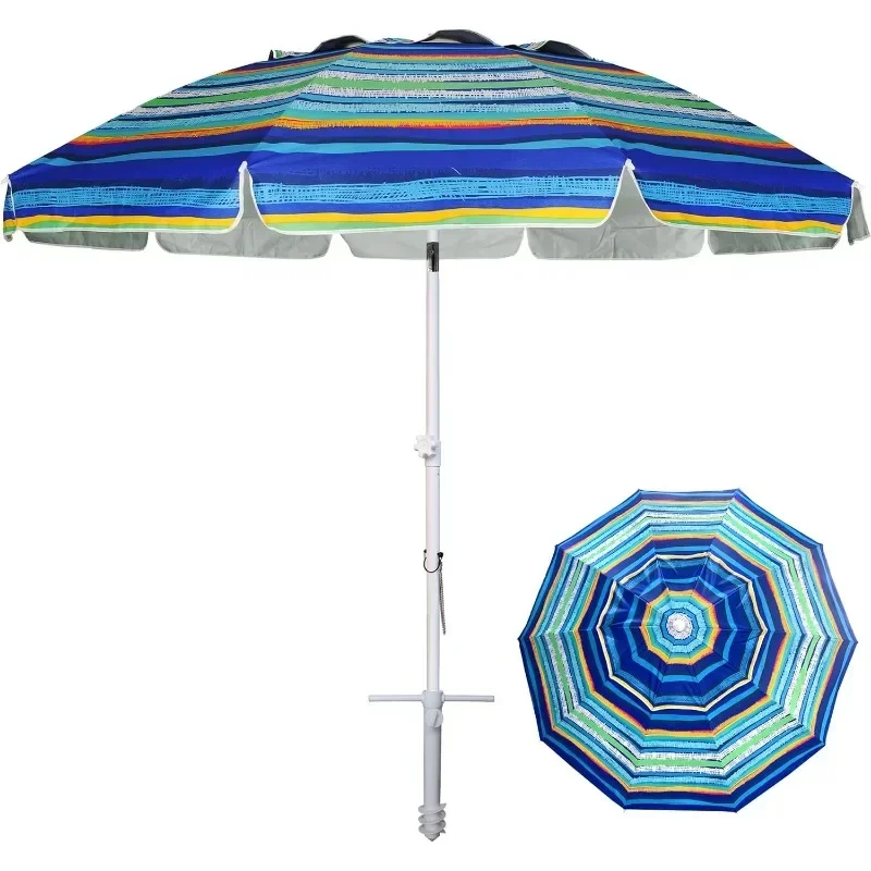 8FT Large Beach Umbrella with sand anchor, Heavy Duty High Wind Portable Outdoor Umbrellas with UPF50+ UV Protection