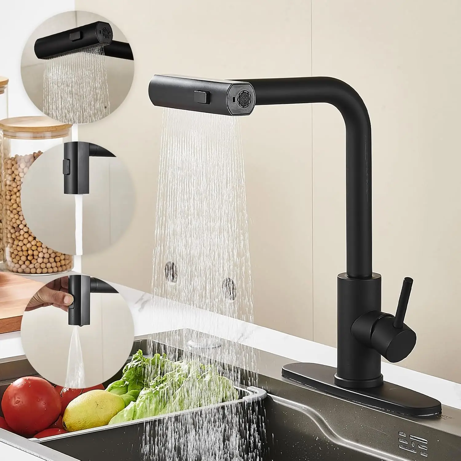 Torneira pia de cozinha com pulverizador pull-down, cachoeira preta, toque único furo, aço inoxidável, moderno