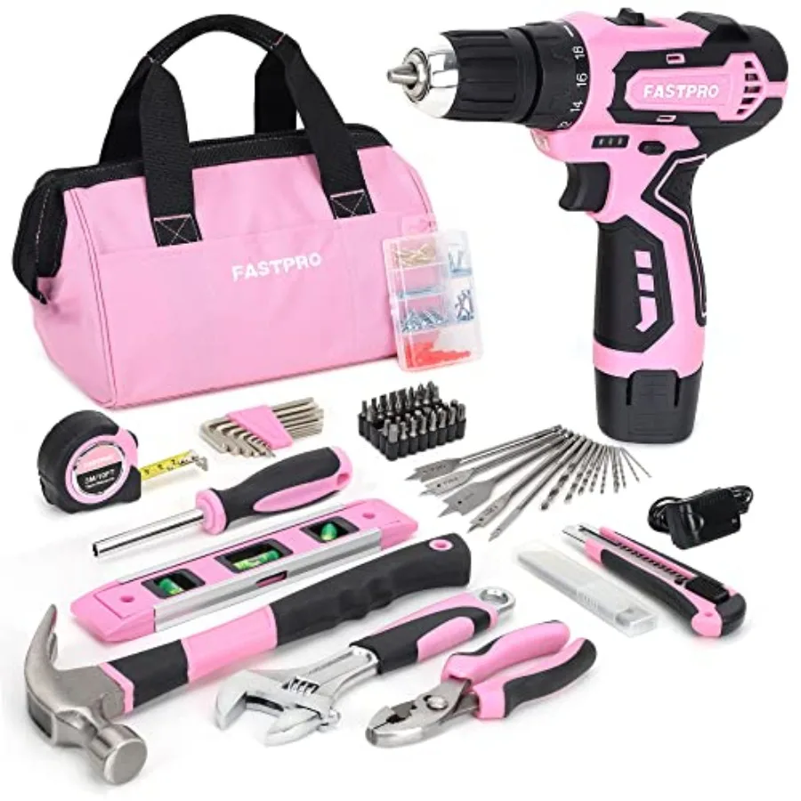 

175-Piece 12V Pink Drill Set Cordless Lithium-ion Driver and Tool Kit House Repairing Tool with 12-Inch Storage Bag For