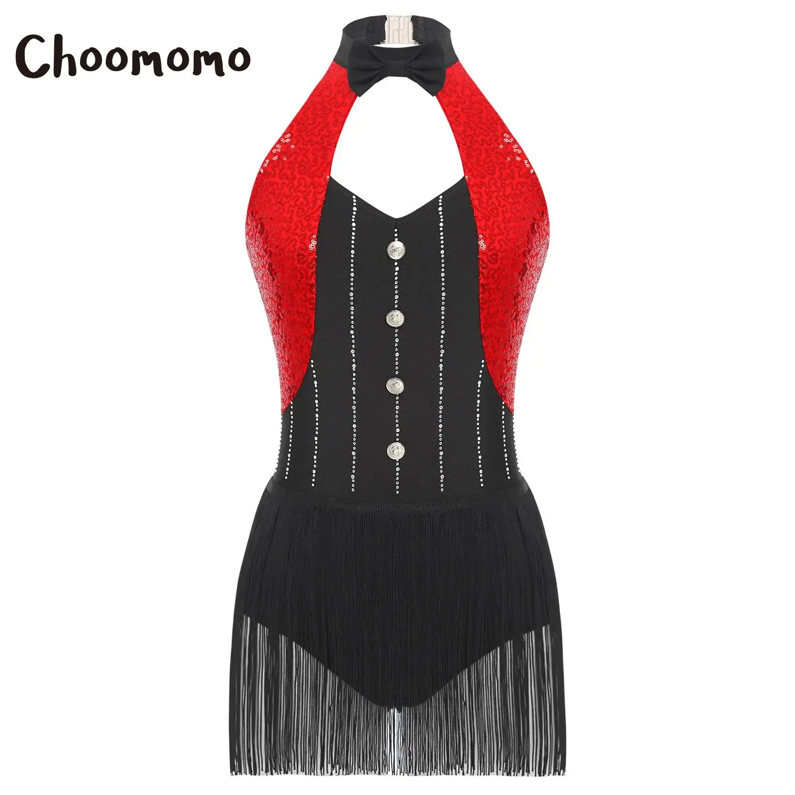 

Womens Tassel Latin Jazz Dance Leotard Sequins Fringe Bodysuit Dress Halter Rhinestones Bow Tie Backless Performance Costumes