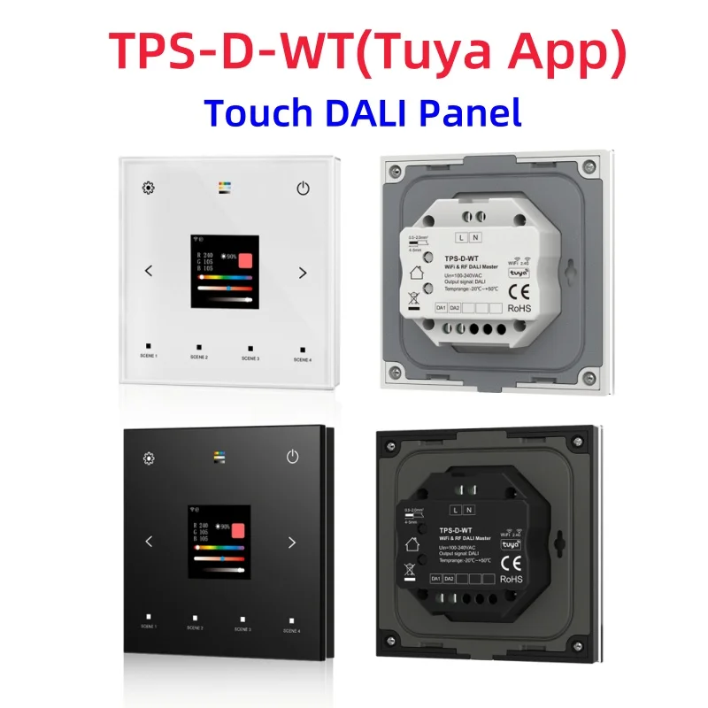 

TPS-D-WT Tuya App 5 in1 WiFi+RF Wall Mounted Touch DALI Panel 1CH*2mA AC100-240V Support Single color CCT RGB RGBW RGB+CCT Light