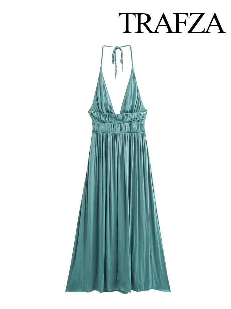 TRAFZA-Robe Longue Plissée Verte pour Femme, Vêtement à la Mode, Décorer, Dos aux, Col Rond, Style Plage, Été