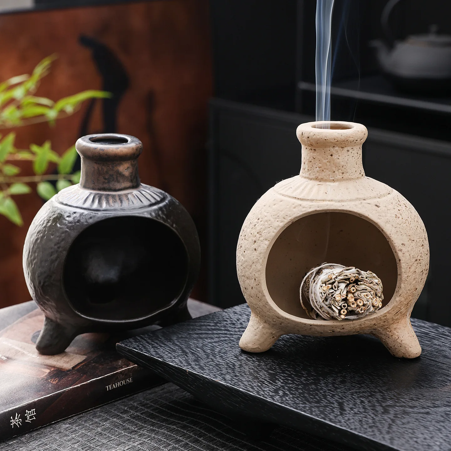 Small cannon edge pattern aromatherapy fireplace coarse pottery ancient pattern atmosphere incense burner ornament holy wood ced
