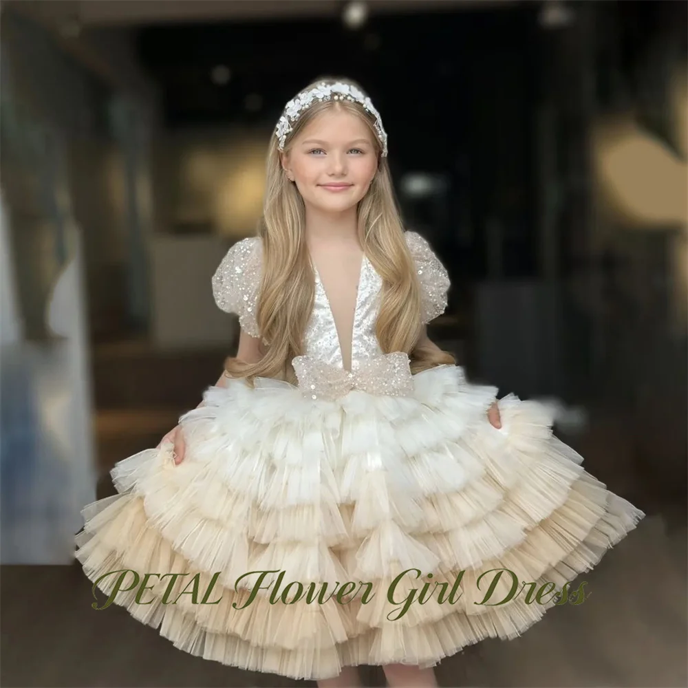 Petal Deep V Neck Wedding Dress for Girls 3-13 Years Old Puffed Sleeve Girls Princess Dress Bow Evening Party Dress for Girls