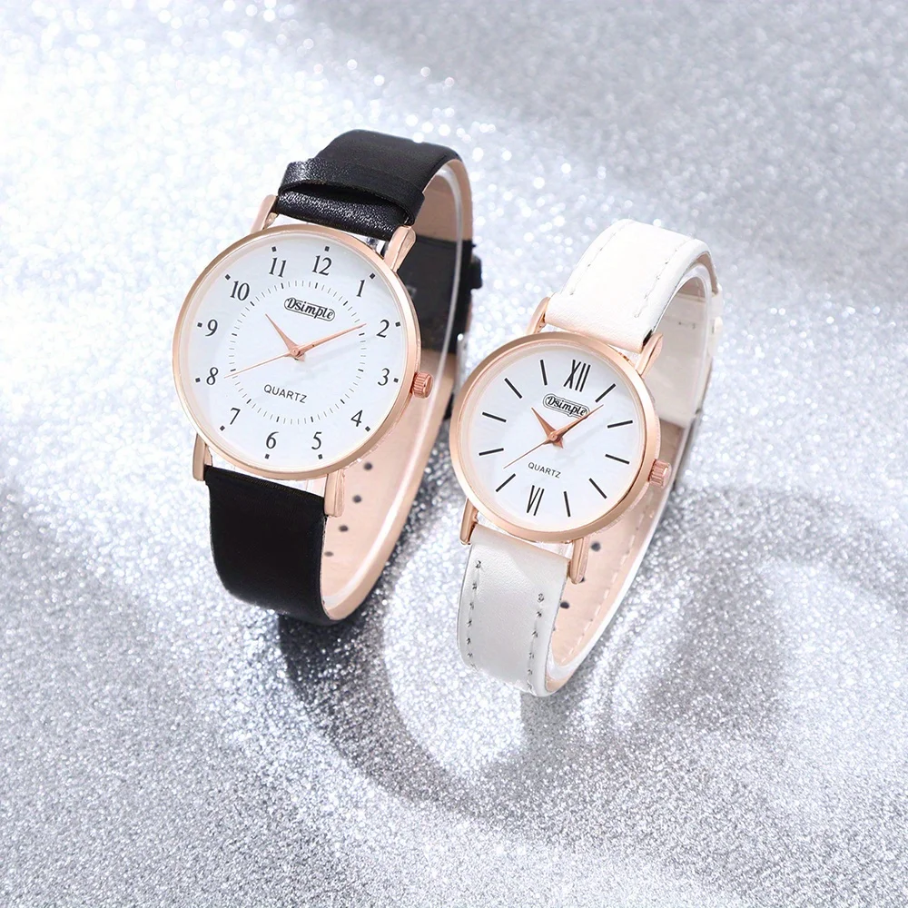 Set di orologi eleganti per coppia da 2 pezzi/set, quadrante bianco e nero, cinturino in pelle PU, cassa dorata rosa, orologio semplice |   Orologi da coppia |   Regali